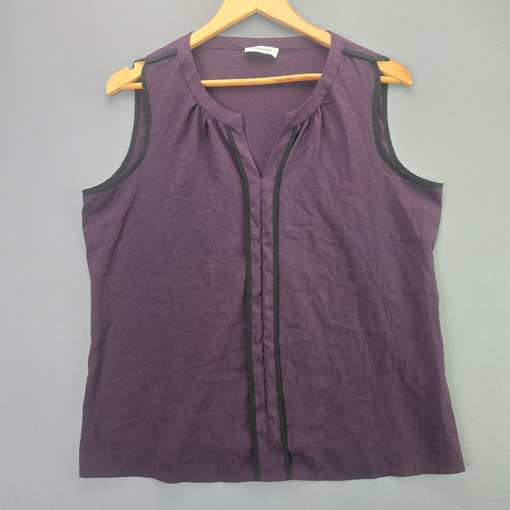 Calvin Klein Blouse Sleeveless Split Neck Purple Black Trim L Work Casual